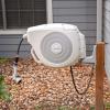 imageVego Garden Hose Reel Retractable HiFlow x 100ft Wall Mounted Hose Reel Automatic Rewind Any Length Lock with 9 Patterns Sprayer Nozzle Quick Connector and Adjustable shot NozzleTidepool BlueCloud White
