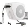 imageVego Garden Hose Reel Retractable HiFlow x 100ft Wall Mounted Hose Reel Automatic Rewind Any Length Lock with 9 Patterns Sprayer Nozzle Quick Connector and Adjustable shot NozzleTidepool BlueCloud White