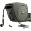 imageVego Garden Hose Reel Retractable HiFlow x 100ft Wall Mounted Hose Reel Automatic Rewind Any Length Lock with 9 Patterns Sprayer Nozzle Quick Connector and Adjustable shot NozzleTidepool BlueSeaweed Green