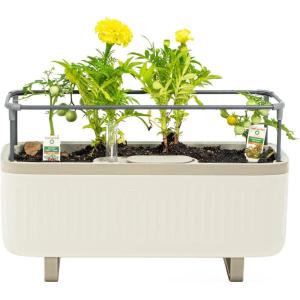imageVego Garden Herb Indoor Plant Box Self Watering Planters Pots for Indoor Plants with Trellis for Kitchen Window Sill or Countertop Plants Cage  Fog GrayCream White