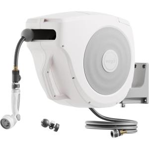 imageVego Garden Hose Reel Retractable HiFlow x 100ft Wall Mounted Hose Reel Automatic Rewind Any Length Lock with 9 Patterns Sprayer Nozzle Quick Connector and Adjustable shot NozzleTidepool BlueCloud White