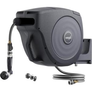 imageVego Garden Hose Reel Retractable HiFlow x 100ft Wall Mounted Hose Reel Automatic Rewind Any Length Lock with 9 Patterns Sprayer Nozzle Quick Connector and Adjustable shot NozzleTidepool BlueTidepool Blue