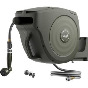 imageVego Garden Hose Reel Retractable HiFlow x 100ft Wall Mounted Hose Reel Automatic Rewind Any Length Lock with 9 Patterns Sprayer Nozzle Quick Connector and Adjustable shot NozzleTidepool BlueSeaweed Green