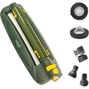 imageVego Turbo Oscillating Sprinkler wQuick Connector Starter Set Metal Base and 20 Precision Nozzles 3Way Adjustable for Large Yard and Lawn Covers up to 4973 sq ftSeaweed Green