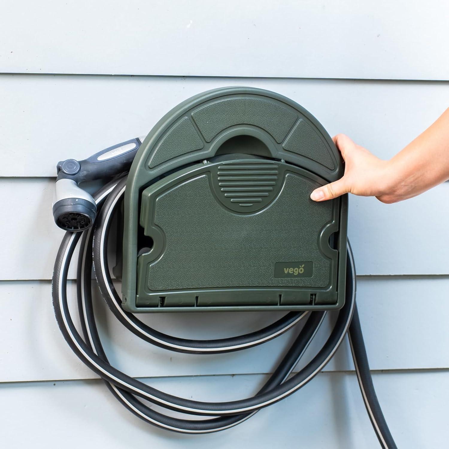 imageVego Garden Hose Hanger Hangout with 115 ft of 58quot Capacity And Enclosed Storage Compartment Cloud GreySeaweed Green