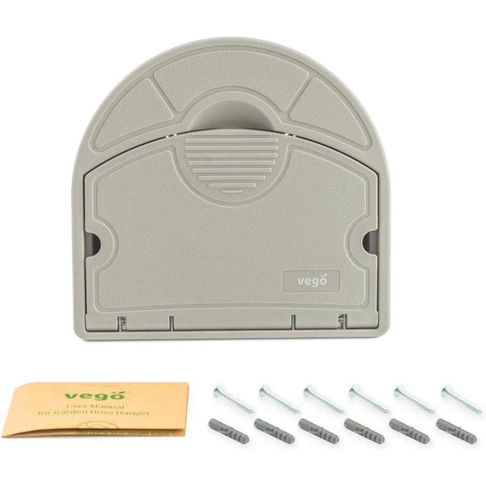 imageVego Garden Hose Hanger Hangout with 115 ft of 58quot Capacity And Enclosed Storage Compartment Cloud GreyCloud Grey