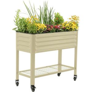 imageRolling Elevated Raised Garden Bed  Slim Series 15 x 35 Outdoor Planters Boxes with Legs ampamp Storage Rack for Patio 500 Lbs Weight Capacity Raised Beds for Gardening Herbs Flowers Modern GrayPearl White