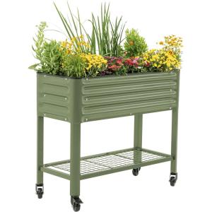 imageRolling Elevated Raised Garden Bed  Slim Series 15 x 35 Outdoor Planters Boxes with Legs ampamp Storage Rack for Patio 500 Lbs Weight Capacity Raised Beds for Gardening Herbs Flowers Modern GrayOlive Green
