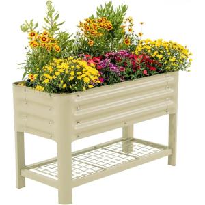 imageElevated Raised Garden Bed for Kids 16quot x 36quot x 22quot Outdoor Planters Box with Legs ampamp Storage Rack Solid ampamp Safe Raised Beds for Gardening Herbs Vegetables Flowers Olive GreenPearl White