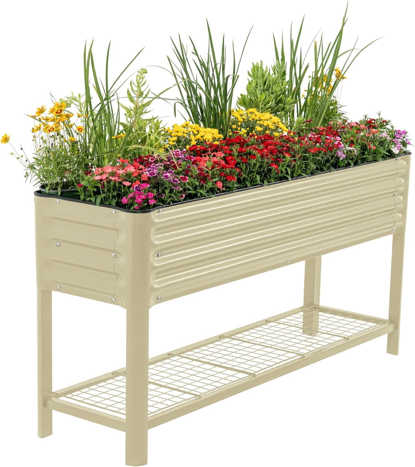 imageRolling Elevated Raised Garden Bed  Slim Series 15 x 55 Outdoor Planters Boxes with Legs ampamp Storage Rack for Patio 750 Lbs Weight Capacity Raised Beds for Gardening Herbs Flowers Olive GreenPearl White