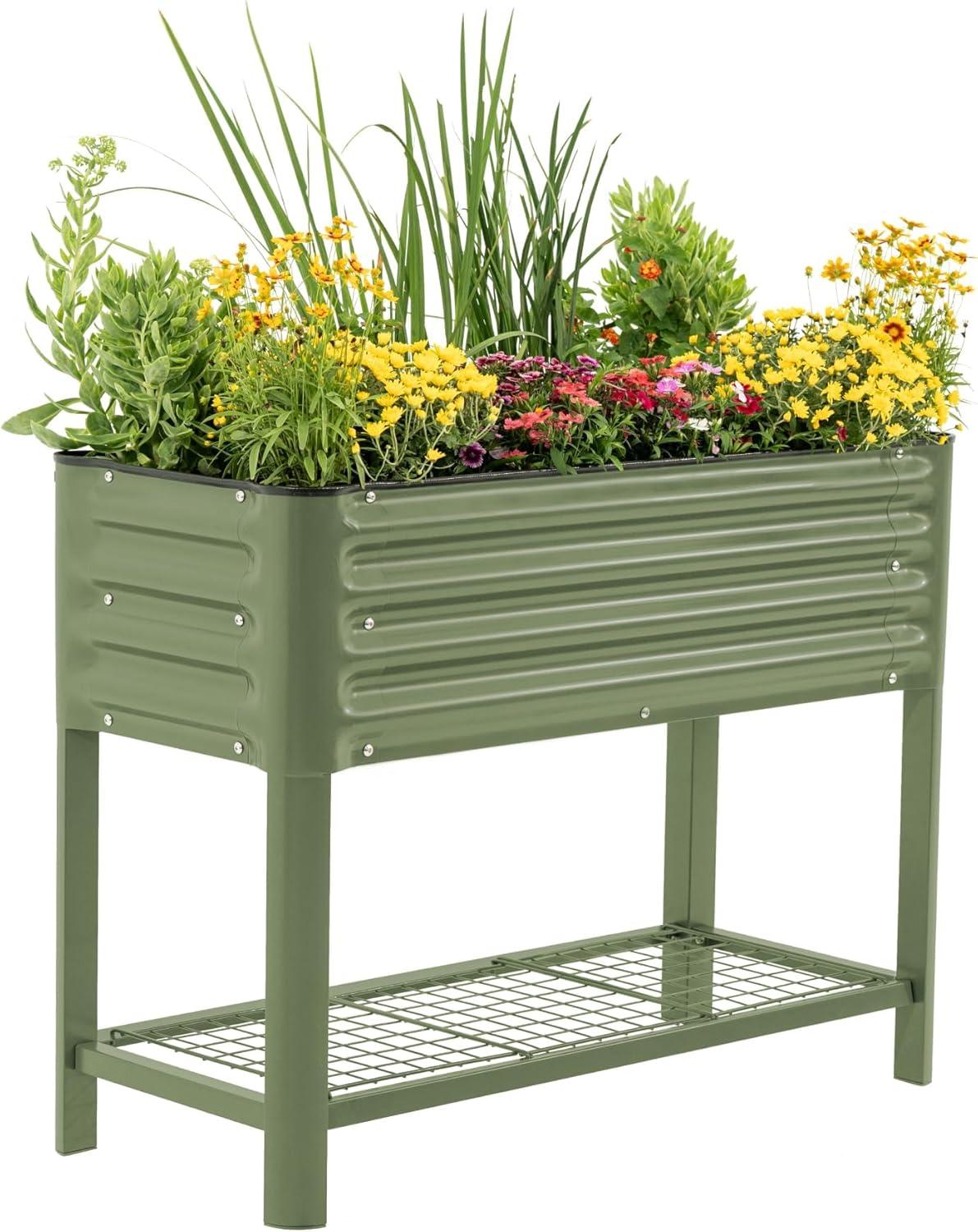 imageRolling Elevated Raised Garden Bed  Slim Series 15 x 55 Outdoor Planters Boxes with Legs ampamp Storage Rack for Patio 750 Lbs Weight Capacity Raised Beds for Gardening Herbs Flowers Olive GreenOlive Green