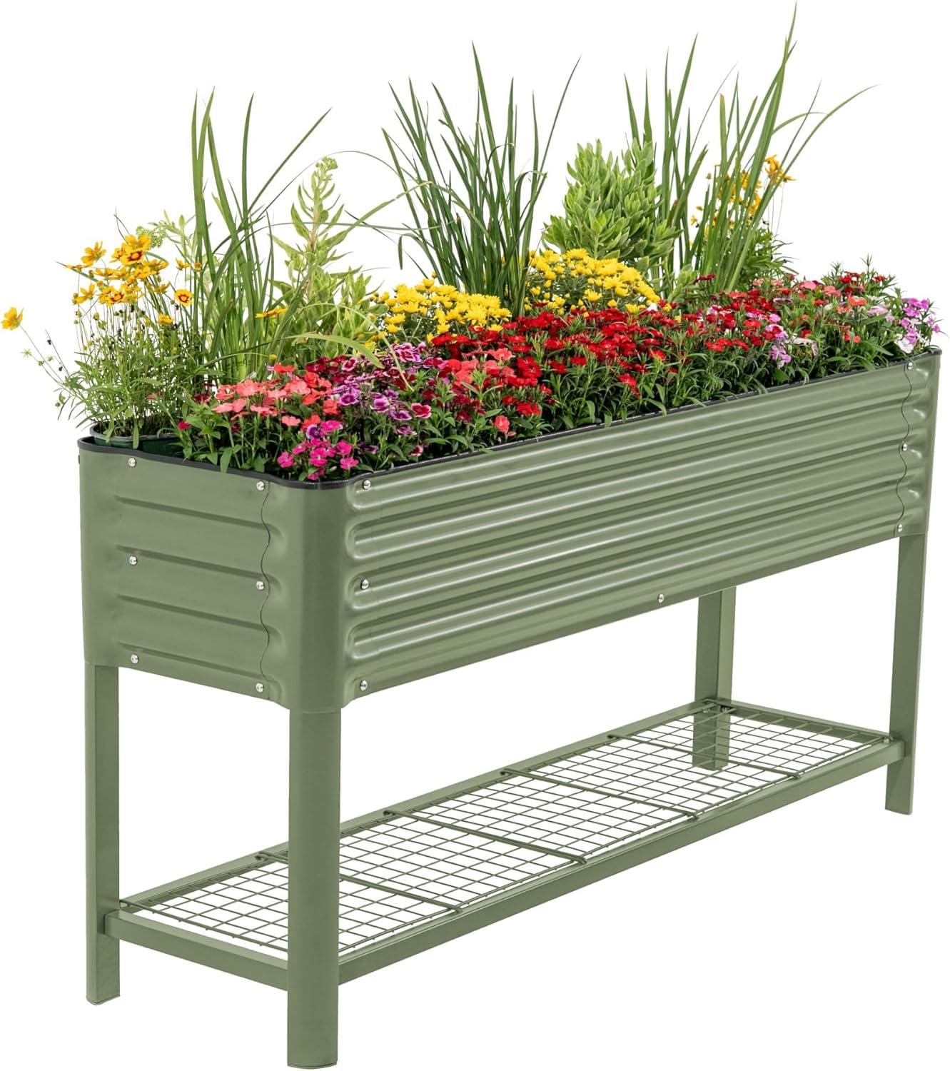 imageRolling Elevated Raised Garden Bed  Slim Series 15 x 55 Outdoor Planters Boxes with Legs ampamp Storage Rack for Patio 750 Lbs Weight Capacity Raised Beds for Gardening Herbs Flowers Olive GreenOlive Green