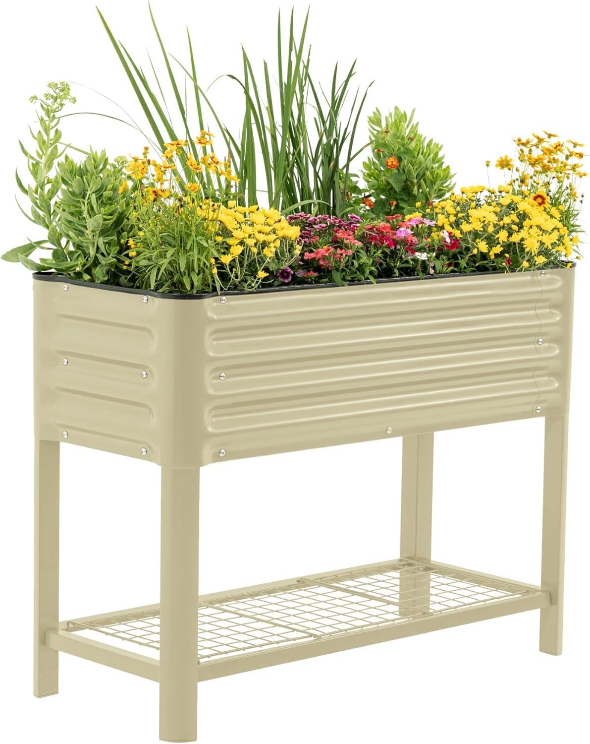 imageRolling Elevated Raised Garden Bed  Slim Series 15 x 55 Outdoor Planters Boxes with Legs ampamp Storage Rack for Patio 750 Lbs Weight Capacity Raised Beds for Gardening Herbs Flowers Olive GreenPearl White