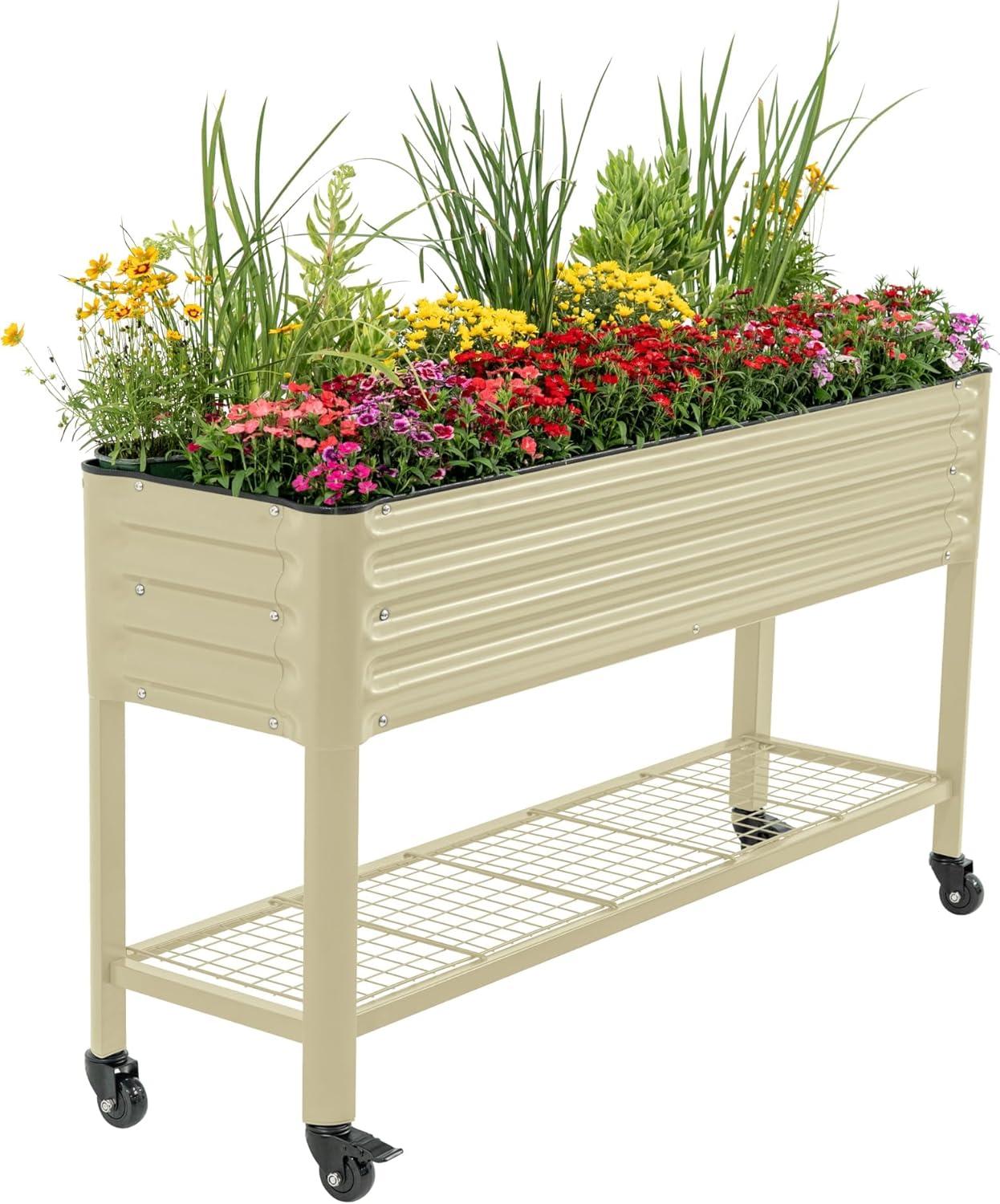 imageRolling Elevated Raised Garden Bed  Slim Series 15 x 55 Outdoor Planters Boxes with Legs ampamp Storage Rack for Patio 750 Lbs Weight Capacity Raised Beds for Gardening Herbs Flowers Olive GreenPearl White
