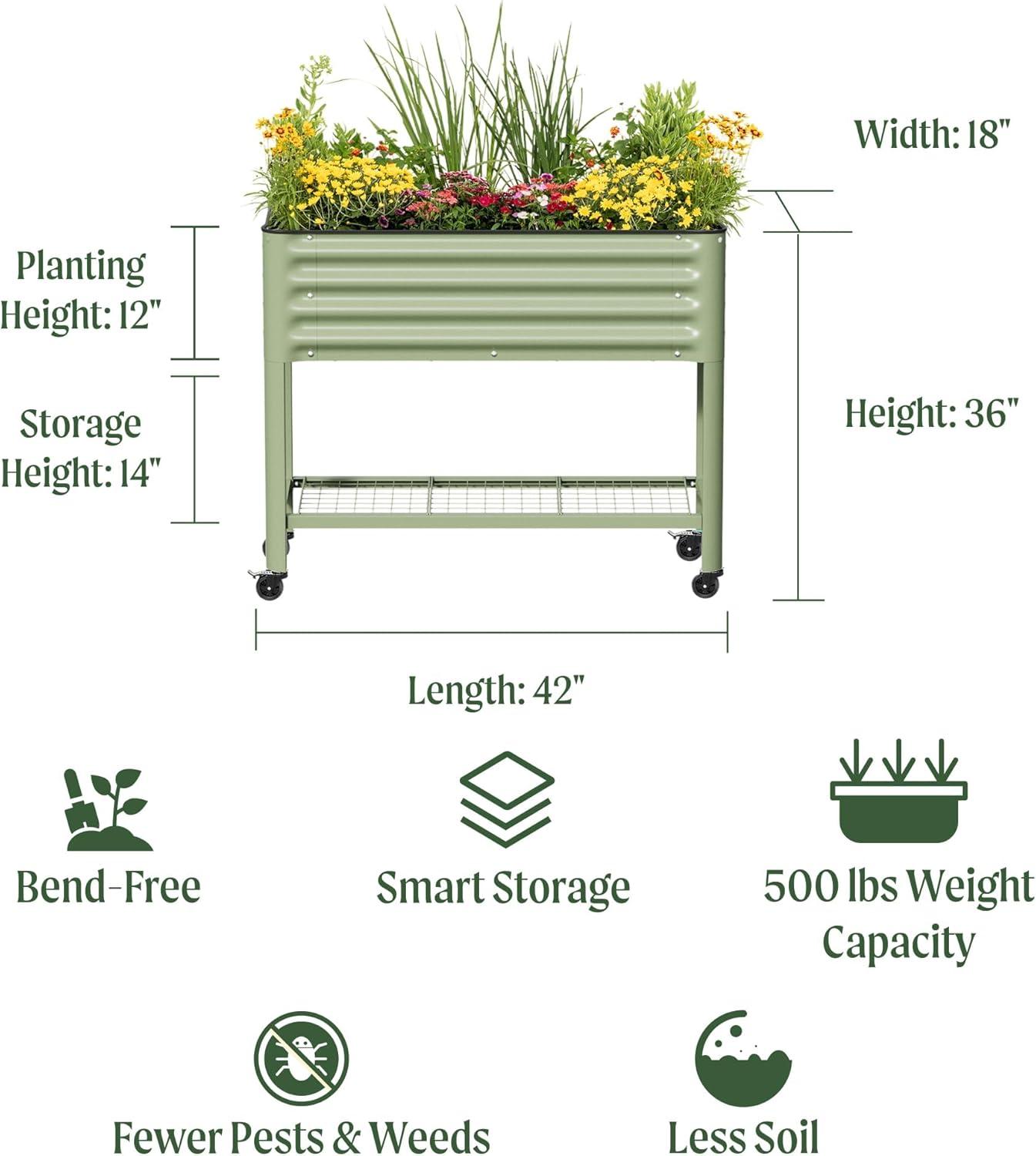 imageRolling Elevated Raised Garden Bed  Slim Series 15 x 55 Outdoor Planters Boxes with Legs ampamp Storage Rack for Patio 750 Lbs Weight Capacity Raised Beds for Gardening Herbs Flowers Olive GreenPearl White