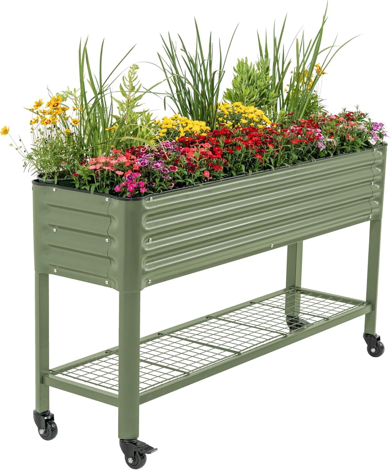 imageRolling Elevated Raised Garden Bed  Slim Series 15 x 55 Outdoor Planters Boxes with Legs ampamp Storage Rack for Patio 750 Lbs Weight Capacity Raised Beds for Gardening Herbs Flowers Olive GreenOlive Green