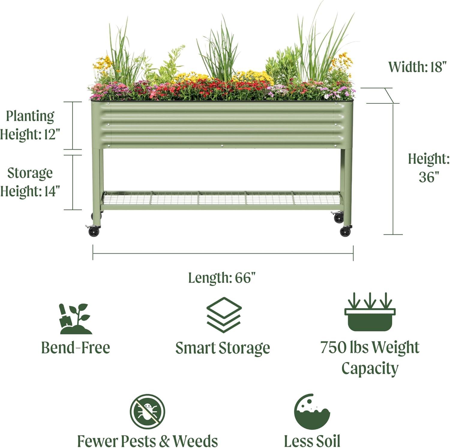 imageRolling Elevated Raised Garden Bed  Slim Series 15 x 55 Outdoor Planters Boxes with Legs ampamp Storage Rack for Patio 750 Lbs Weight Capacity Raised Beds for Gardening Herbs Flowers Olive GreenPearl White