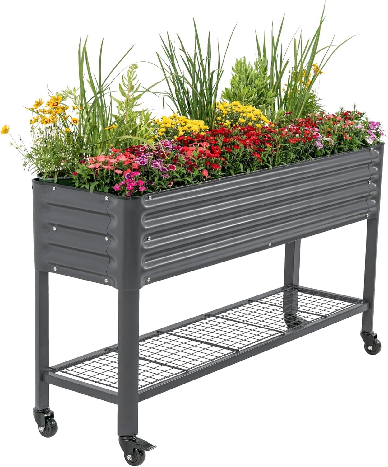 imageRolling Elevated Raised Garden Bed  Slim Series 15 x 55 Outdoor Planters Boxes with Legs ampamp Storage Rack for Patio 750 Lbs Weight Capacity Raised Beds for Gardening Herbs Flowers Olive GreenModern Gray