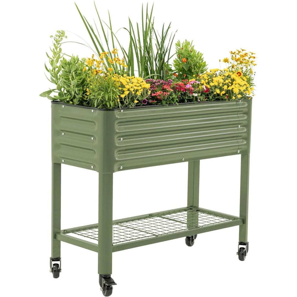 imageRolling Elevated Raised Garden Bed  Slim Series 15 x 55 Outdoor Planters Boxes with Legs ampamp Storage Rack for Patio 750 Lbs Weight Capacity Raised Beds for Gardening Herbs Flowers Olive GreenOlive Green