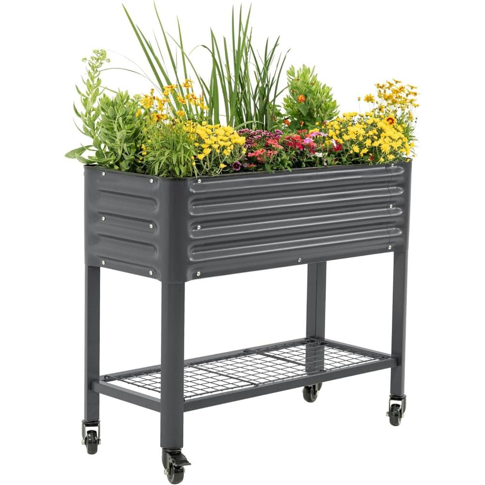 imageRolling Elevated Raised Garden Bed  Slim Series 15 x 55 Outdoor Planters Boxes with Legs ampamp Storage Rack for Patio 750 Lbs Weight Capacity Raised Beds for Gardening Herbs Flowers Olive GreenModern Gray